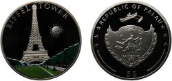 World Coins - Palau Republic 2010 5 Dollars (Eiffel Tower) Silver (.925) (2500) 25g PF  KM 390