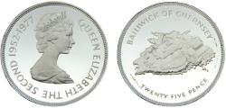 World Coins - Bailiwick of Guernsey Dependency of the British Crownlocated Elizabeth II 1977 25 Pence 25th anniversary of accession of Queen Elizabeth II