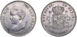 World Coins - Spain Kingdom 1889 *18-89 SGV 5 Pesetas - Alfonso XIII (1st portrait) Very Rare Silver (.900) Seville Mint 24.53g AU KM 689