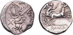 Ancient Coins - Rome Roman Republic 157 BC - 156 BC AR Denarius (Anonymous; ROMA) Silver Rome Mint 3.98g AU  RRC 197/1 CRR 376 RSC 6 RCV I 76 RBW 846 BMC RR 428-433