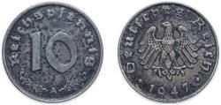 World Coins - Germany Germany - 1871-1948 1947 A 10 Reichspfennig (Allied Occupation) Zinc Berlin Mint 3.5g XF KM A104 AKS 95 J 375 Schön DM 98