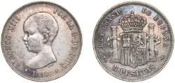 World Coins - Spain Kingdom 1890 *18-90 PGM 5 Pesetas - Alfonso XIII (1st portrait) Silver (.900) Madrid Mint (3000000) 25g VF KM 689