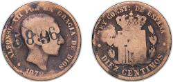 World Coins - Spain Kingdom 1879 OM 10 Centimos - Alfonso XII With Chopmarked ¨5896¨ Bronze 9.3g F KM 675 Cal 66