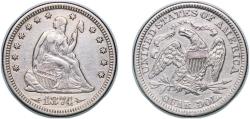 Us Coins - United States Federal republic 1874 ¼ Dollar "Seated Liberty Quarter" (with motto; with date arrows) Silver (.900) (.100 copper) United States Mint of Philadelphia (471200) 6.25g