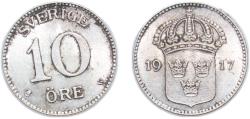 World Coins - Sweden Kingdom 1917 W 10 Öre - Gustaf V Billon (.400 silver) (4996139) 1.45g UNC KM780 Schön23