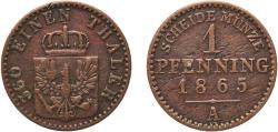 World Coins - Germany Kingdom of Prussia German states 1865 A 1 Pfenning - Wilhelm I Copper Berlin Mint 1.4g VF  AKS 108 Old/Mue 2 426, 429, 433 KM 480 Kahnt/Schön 84 Neum 19