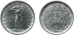 World Coins - Turkey Republic 1959 25 Kuruş Acmonital Turkish State Mint (21864000) 4.99g XF  KM 892 Schön 407
