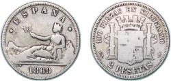 World Coins - Spain Provisional Government 1869 *??-69 SNM 2 Pesetas - Provisional Government Silver (.835) Madrid Mint 9.77g VF KM 654