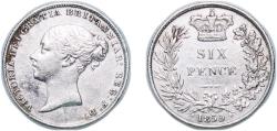 World Coins - Great Britain Kingdom 1859 6 Pence - Victoria (1st portrait; 1st type) Silver (.925) (4688600) 2.8g XF KM 733 Sp 3908 Sp 3909