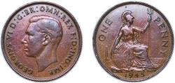 World Coins - Great Britain United Kingdom 1945 1 Penny - George VI (with 'IND:IMP') Bronze Royal Mint (Tower Hill) (79531200) 9.45g XF KM 845 Sp 4114