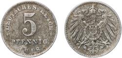 World Coins - Germany Weimar Republic 1918 5 Pfennig - Wilhelm II (type 2 - small shield) Zinc clad iron (Iron sheradised with zinc) (223515570) 2.4g XF  KM 19 AKS 17 J 297 Schön 20 Neum 33