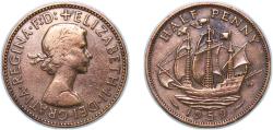 World Coins - Great Britain United Kingdom 1959 ½ Penny - Elizabeth II (1st portrait; without 'BRITT:OMN') Bronze (79176000) 5.66g XF KM 896 Sp 4158