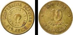 World Coins - Spain 1935 10 Centimos - Cooperativa Popular Els Amics Brass 7.38g AU  AL 142
