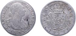 World Coins - Spain Kingdom 1803 M FA 2 Reales - Carlos IV Silver (.806) Madrid Mint 6g VF KM 430.1