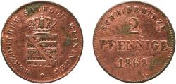 World Coins - Germany Duchy of Saxe-Meiningen German states 1868 2 Pfennige - Bernhard II Copper (240000) 2.33g XF  AKS 215; 220 Jaeg 11 Sac 448 KM 171; 174 Kahnt/Schön 53, 57