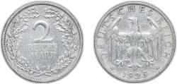 World Coins - Germany Germany - 1871-1948 Weimar Republic 1925 F 2 Reichsmark Silver (.500) Staatliche Münze Baden-Württemberg Mint (2413812) 10g XF KM 45 AKS 32 J 320 Schön DM 44