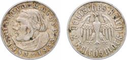 World Coins - Germany - 1871-1948 1933 A 2 Reichsmark (Martin Luther) Silver (.625) (541900) 7.99g XF KM 79 AKS 92 J 352 Schön DM 75
