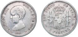 World Coins - Spain Kingdom 1891 *18-?? PGM 2 Pesetas - Alfonso XIII (1st portrait) Silver (.835) Madrid Mint (93000) 9.84g VF  KM 692