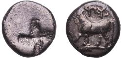 Ancient Coins - Greece (ancient) Byzantion Thrace 387 BC - 340 BC AR Drachm (Bull & Quadripartite incuse square with stippled quarters) Silver Byzantion Mint 2.17g VF  HGC 3.2 1387