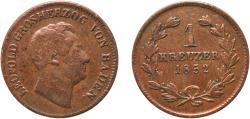 World Coins - Germany Grand Duchy of Baden German states 1852 1 Kreuzer - Leopold I Copper Staatliche Münze Baden-Württemberg Mint (820800) 4.06g XF  AKS 107 Jaeg 2 AB 44 KM 218