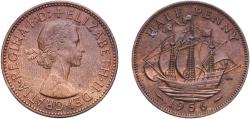 World Coins - Great Britain United Kingdom Kingdom 1956 ½ Penny - Elizabeth II (1st portrait; without 'BRITT:OMN') Bronze Royal Mint (Tower Hill) (21799200) 5.58g UNC  KM 896 Sp 4158