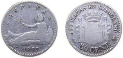 World Coins - Spain Provisional Government 1869 *6-9 SNM 50 Centimos Silver (.835) Madrid Mint (452726) 2.5g VF KM651