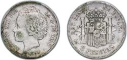 World Coins - Spain Kingdom 1894 *18-9? PGV 2 Pesetas - Alfonso XIII (2nd portrait) Silver (.835) Madrid Mint (279000) 9.85g VF KM 704 Cal 33