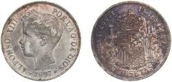 World Coins - Spain Kingdom 1897 *18-97 MSM 5 Pesetas - Alfonso XIII (3rd portrait) Silver (.900) Seville Mint 24.4g XF
