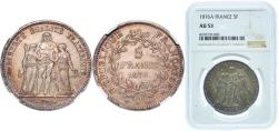 World Coins - France Third Republic 1876 A 5 Francs Silver (.900) Paris Mint (8800000) 25g NGC AU 53 Franc 2014 334/17 KM 820.1