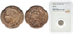 World Coins - France Second Republic 1850 A 20 Centimes Silver (.900) Paris Mint 1g NGC AU 55 Franc 2014 146/3 KM 758.1