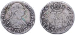 World Coins - Spain Kingdom 1800 M MF 2 Reales - Carlos IV Silver (.806) Madrid Mint 5.8g VF KM 430.1