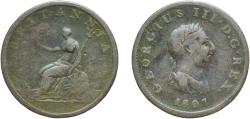 World Coins - Great Britain United Kingdom Kingdom 1807 ½ Penny - George III (4th issue) Copper Soho Mint 8.86g F  KM 662 Sp 3781
