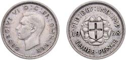 World Coins - Great Britain United Kingdom Kingdom 1938 3 Pence - George VI (incl. Colonial) Silver (.500) Royal Mint (Tower Hill) (6402400) 1.41g XF  KM 848 Sp 4085