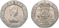 World Coins - Great Britain United Kingdom 1982 20 Pence - Elizabeth II (2nd portrait) Copper-nickel (84% Cu, 16% Ni) (740815000) 5.02g UNC KM 931 Sp G1