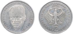 World Coins - Germany Federal Republic of Germany 1994 J 2 Deutsche Mark (Willy Brandt) Copper-nickel clad nickel Hamburgische Münze Mint (5250000) 7g XF KM 183 J 459 Schön 182