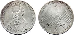 World Coins - Germany Federal republic 1968 J 5 Deutsche Mark 150th Anniversary of the birth of Friedrich Wilhelm Raiffeisen
