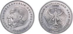 World Coins - Germany Federal Republic of Germany 1977 G 2 Deutsche Mark (Konrad Adenauer) Copper-nickel clad nickel (Cladding: 75% Copper, 25% Nickel; Core: 100% Nickel) Staatliche Münze Baden