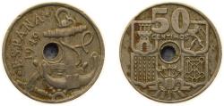 World Coins - Spain Nationalist Government 1949 *19-52 50 Centimos (Arrows up) Copper-nickel (75% copper, 25% nickel) Madrid Mint (18567000) 4g XF Hole displaced Central KM 777 Cal 105 Schön 27