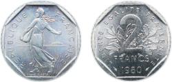 World Coins - France Fifth Republic 1980 2 Francs Nickel (100010011) 7.41g UNC KM 942.1 Gad 547 F 272 Schön 240