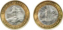 World Coins - Argentina Federal Republic 2016 2 Pesos (Bicentennial of the Declaration of Independence Argentina) Bimetallic: copper-nickel centre in copper-aluminium-nickel ring Buenos Aires M