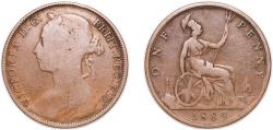 World Coins - Great Britain United Kingdom 1889 1 Penny - Victoria (2nd portrait; 2nd type) Bronze (12560000) 8.87g VF KM 755 Sp 3954 Sp 3955