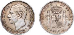 World Coins - Spain Kingdom 1885 *18-87 MSM 5 Pesetas - Alfonso XII (3rd portrait) Silver (.900) Madrid Mint (11802513) 25g VF KM 688 Cal 34