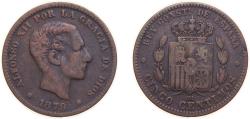 World Coins - Spain Kingdom 1879 OM 5 Centimos - Alfonso XII Bronze (95% copper, 4% tin, 1% zinc) Barcelona Mint (54994000) 5g VF KM 674 Cal 73