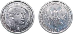 World Coins - Germany Federal Republic of Germany 1982 D 5 Deutsche Mark (Johann Wolfgang von Goethe) Copper-nickel clad nickel Munich Mint (8000000) 10g UNC KM 156 J 432 Schön 156