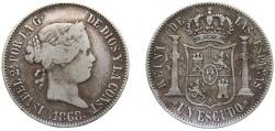 World Coins - Spain Kingdom 1868 *18-68 1 Escudo - Isabel II Silver (.900) Madrid Mint 12.82g VF KM 626.1