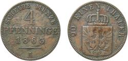 World Coins - Germany Kingdom of Prussia German states 1863 A 4 Pfenninge - Wilhelm I Copper Berlin Mint 5.78g XF  AKS 105 Old/Mue 2 423, 430 KM 483 Neum 16 Schr 148-61