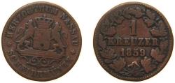 World Coins - Germany Duchy of Nassau German states 1859 1 Kreuzer - Adolphe Copper (835500) 4.3g VF KM 74 AKS 72 C 54