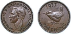 World Coins - Great Britain United Kingdom 1937 1 Farthing - George VI (with 'IND:IMP') Bronze (8131200) 2.82g XF KM 843 Sp 4116