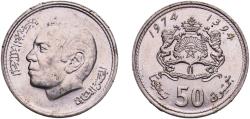 World Coins - Morocco French Protectorate AH 1394 (1974) 50 Santimat / Centimes - Hassan II (2nd portrait) Copper-nickel Royal Mint (40380000) 3.96g UNC  Y 62 Schön 54