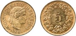 World Coins - Switzerland Federal State 1984 5 Rappen (Libertas; aluminium-bronze) Aluminium bronze (92% copper, 6% aluminium, 2% nickel) Bern Mint (69960000) 1.77g UNC  HMZ 2 1212 Divo/Tob19 –